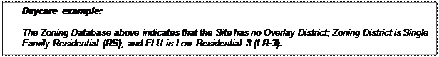 Text Box: Daycare example:

The Zoning Database above indicates that the Site has no Overlay District; Zoning District is Single Family Residential (RS); and FLU is Low Residential 3 (LR-3). 

