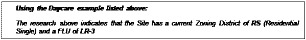 Text Box: Using the Daycare example listed above:

The research above indicates that the Site has a current Zoning District of RS (Residential Single) and a FLU of LR-3

