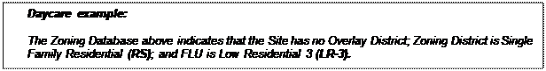 Text Box: Daycare example:
The Zoning Database above indicates that the Site has no Overlay District; Zoning District is Single Family Residential (RS); and FLU is Low Residential 3 (LR-3).
